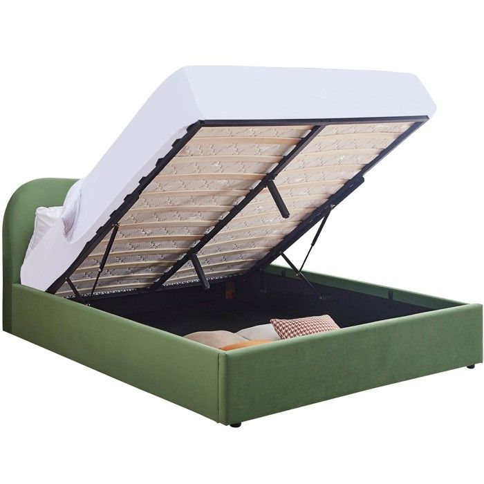 Lit coffre adulte 160x200 cm avec tête de lit matelassée en velours vert clair - Suzon Lit coffre adulte 160x200 cm avec tête de lit matelassée en velours vert clair - Suzon