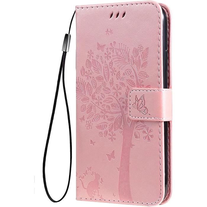 Étui Portefeuille En Cuir PU Gaufré Pour Honor X5C Plus - Motif Feuilles Et Chat, Support Intégré, Dragonne Amovible - Protection Antichoc - 11