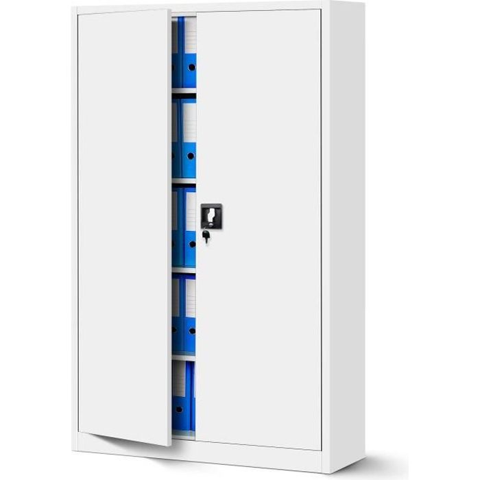 Armoire de Bureau Métallique XXL C001II Verrouillable 4 étagères revêtement en poudre 185 cm x 115 cm x 40 cm Blanc
