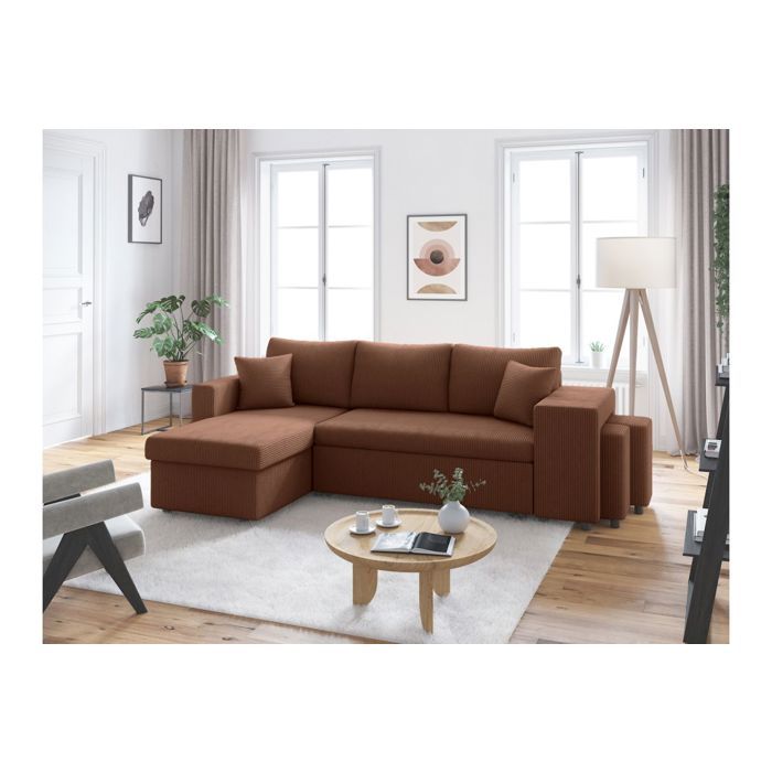 Canapé dangle réversible convertible OSLO avec coffre 2 poufs à droite en velours côtelé marron - L241 x P146 x H81cm - LOUNGITUDE