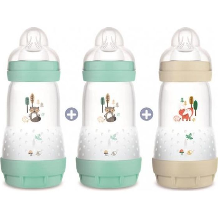 Lot de 3 biberons anti-colique 260ml bleu et vert Mam 