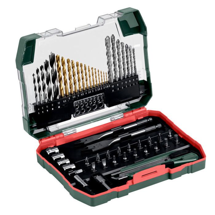 Coffret d'accessoires METABO 55 pièces 14 forets à métaux HSS TIN pierre carbure bois et embouts S2