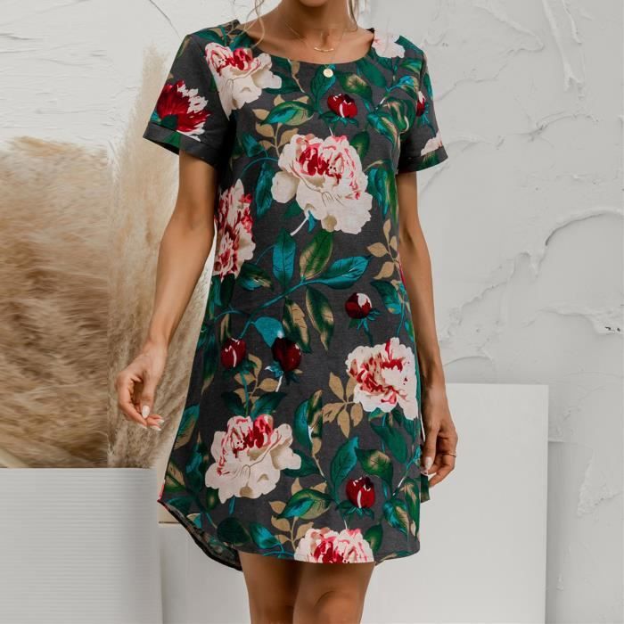 Robe D'été Femme - Imprimé Fleuri Botanique Marron Foncé Et Crème - Taille 5/6 (Occasion, Très Bon état)