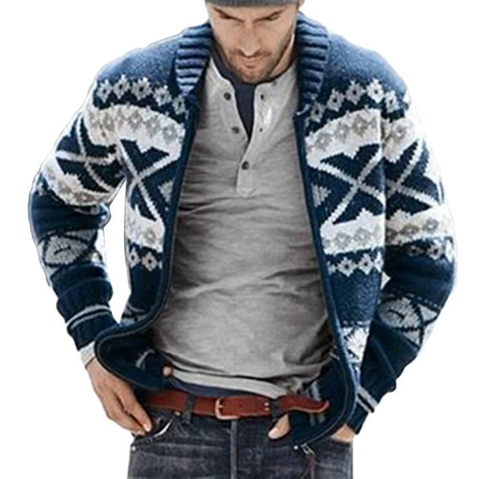 Homme Cardigan Tricotée en Jacquard Manche Longue Cardigan en Tricoté Zippé Cardigan col Châle Cardigan en Maille,Bleu