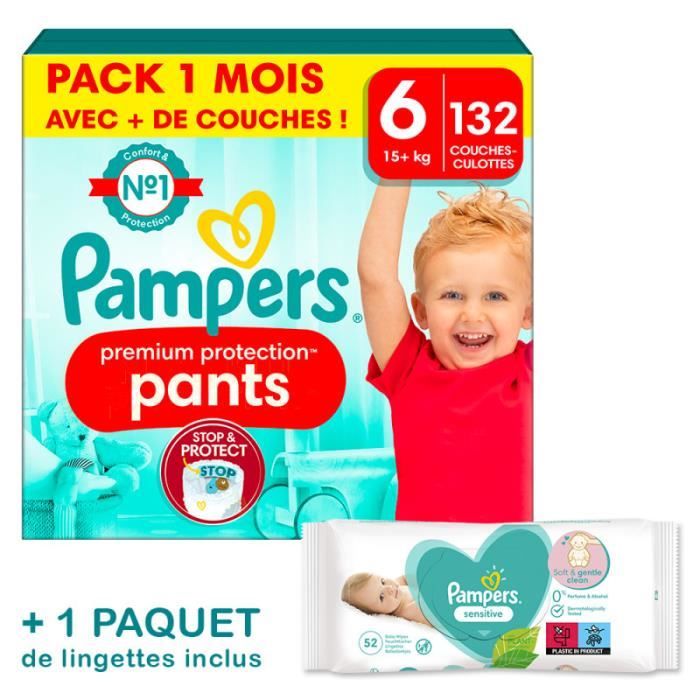 Pampers Premium Protection Pants Taille 6, Pack 1 mois 132 Couches (Inclus 1  paquet de lingettes Pampers Sensitive) - Cdiscount Puériculture & Eveil bébé