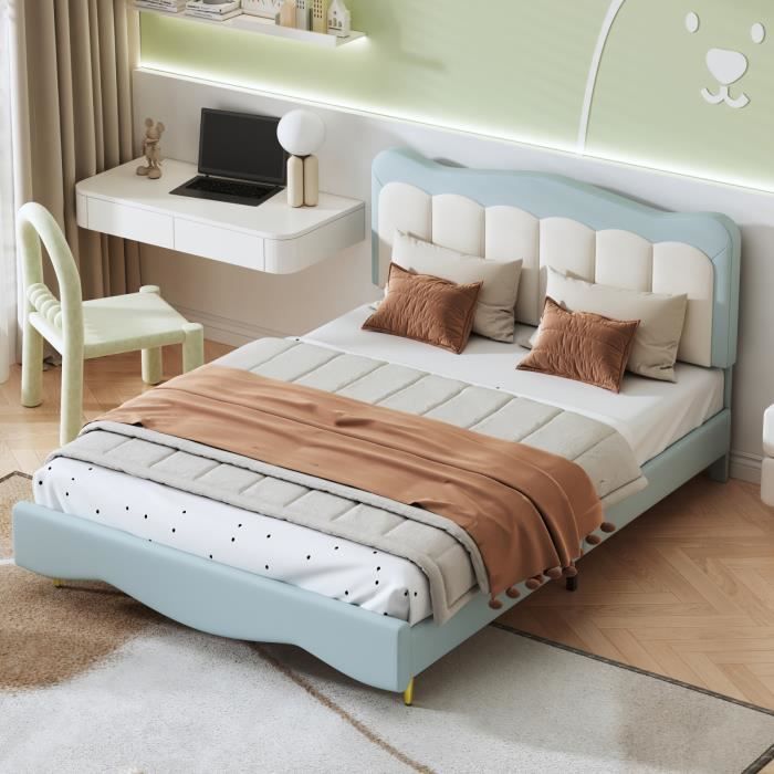 lit capitonné,lit enfant 140 x 200 cm avec sommier à lattes,lit de jeunesse bleu clair,lit double,joli lit en cuir pu pour