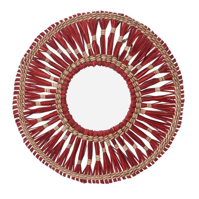 Miroir Mural Bohème En Jonc De Mer Tressé Main - 60 Cm De Diamètre, Motif Zigzag Noir Et Naturel - Décoration Ethnique