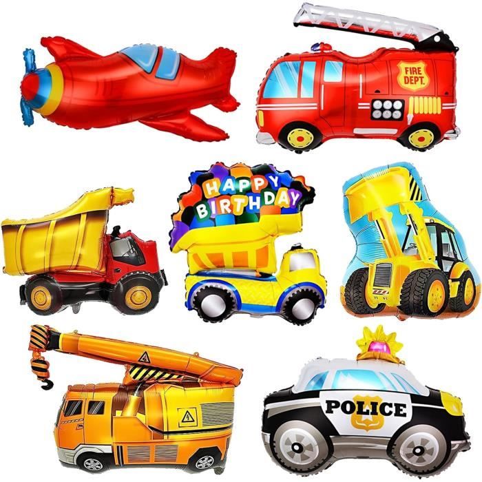 Lot De 4 Ballons Aluminium Géants Thème Chantier - Excavatrice, Grue, Bétonnière - Pour Anniversaire Enfant