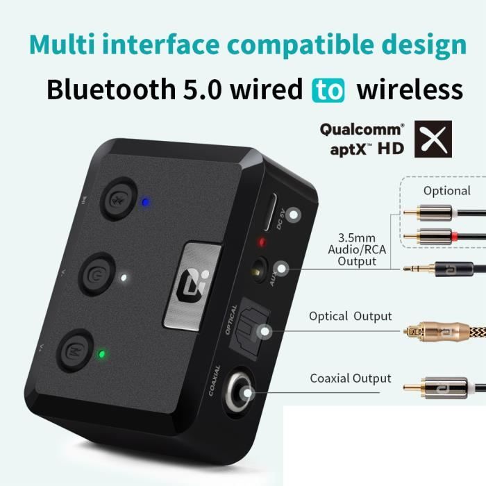 Émetteur Récepteur Bluetooth 5.0 - Transmetteur, Adaptateur Audio Vidéo  sans fil Portable 20M 3.5mm RCA - Cdiscount TV Son Photo