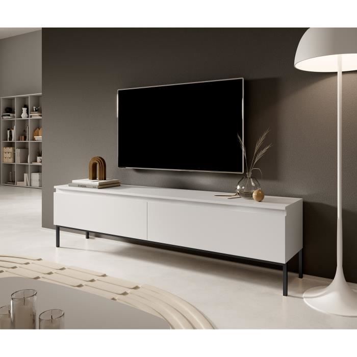 Meuble TV - SELSEY - Bemmi - 175 cm - Blanc mat - Pieds noirs