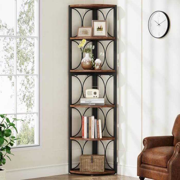 Étagère D’angle à 6 Niveaux 170 Cm - En Bois Et Métal, Style Rustique, Pour Salon, Cuisine, Bureau, Petit Espace
