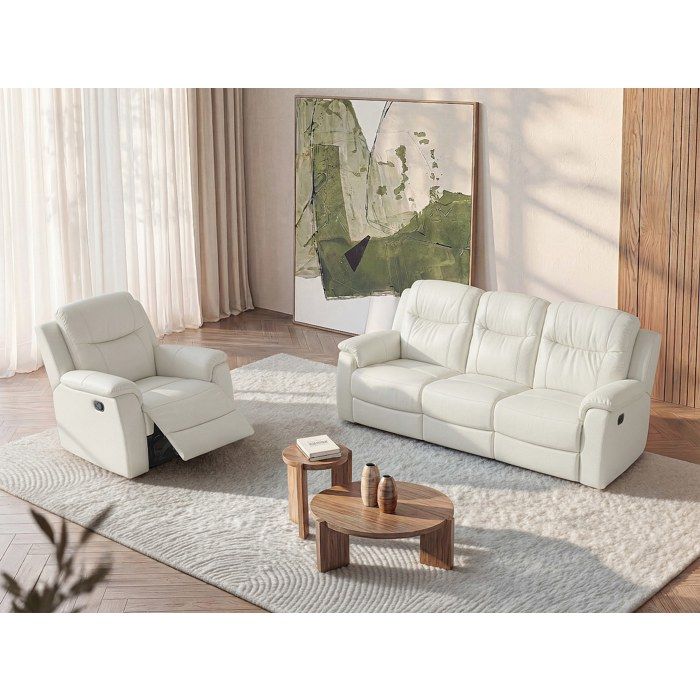 Canapé 3 places et un fauteuil relax EVASION en cuir - Blanc ivoire