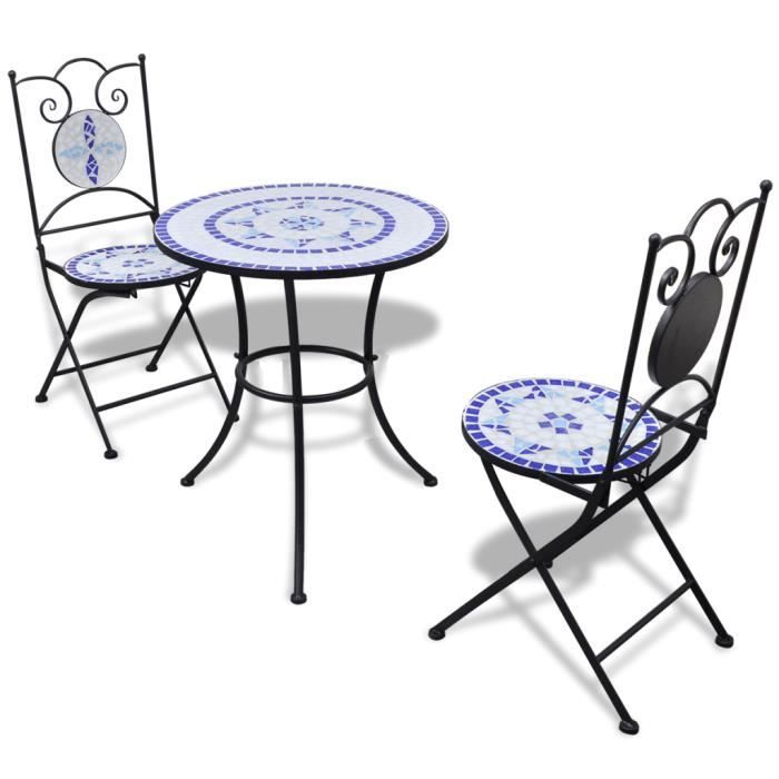 Ensemble bistro 3 à carreaux en céramique - bleu et blanc - 60 x 70 cm
