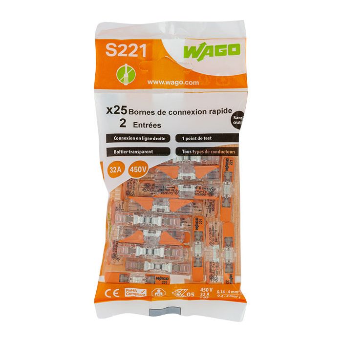 WAGO - Sachet de 25 bornes 2 entrées en ligne S221