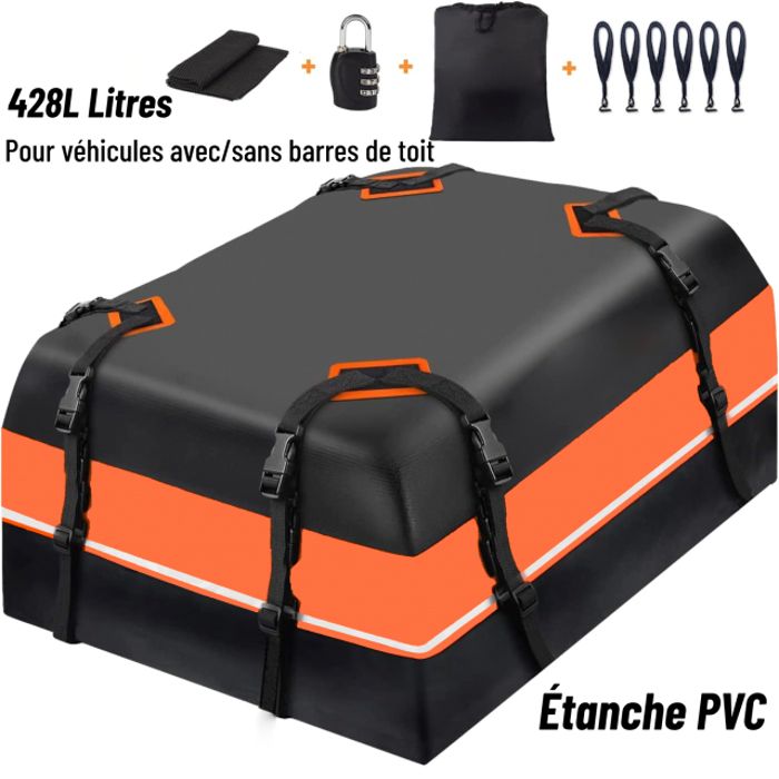 Coffre/Sac de Toit de Voiture Étanche de 428 L 900D PVC 112 * 87 * 44 cm avec 6 Crochets de Porte 8 Sangles et Tapis Antidérapant