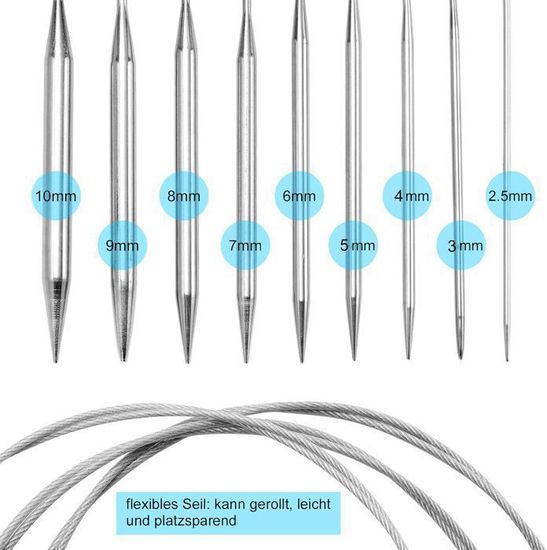 Aeelike 9 Pcs 2,5-10,0 Mm Acier Inoxydable Set D'Aiguille Circulaire Pour Mains Arthritiques, 80 Cm Set D'Aiguilles Circulaires Tricot En Métal Durable Pour Chandails, Couvertures Et Echarpes