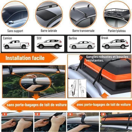 Coffre de Toit,Car Rooftop Cargo, 15 Pieds Cubes pour Toutes Les Voitures avec/sans Porte-Bagages, 1 Tapis antidérapant,4 Crochets - Auto