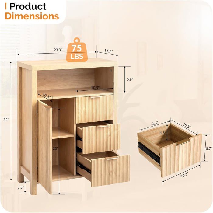 Planetmöbel Armoire Midi Salle De Bain Chêne Doré 32cm - Rangement Suspendu 3 Compartiments