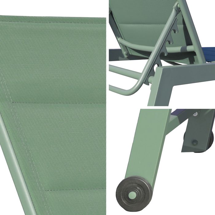 Transat D'extérieur Barbados Avec Table D'appoint - Textilène Vert Sauge, Structure Aluminium - 5 Positions, Roulettes - Happy Garden