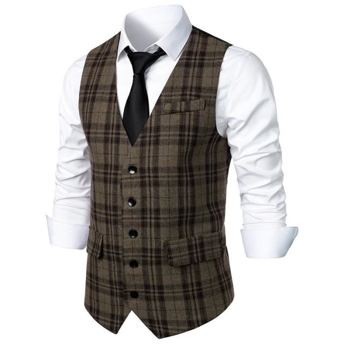Gilet De Costume Homme Slim Col V Sans Manche Business Casual Vintage Carreaux Vert