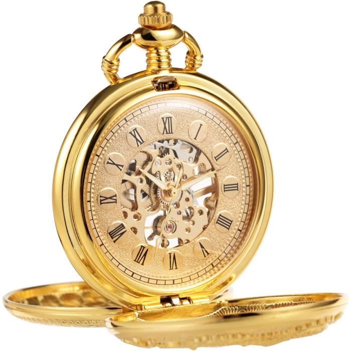 Montre De Poche Mécanique Homme Or - Boîtier Doré, Chaîne Creuse, Remontage Manuel, Neuve étiquetée