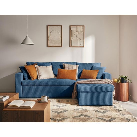 Canapé Convertible 3 Places Windsor & Co Velours Bleu (215 Cm) Avec Coffre