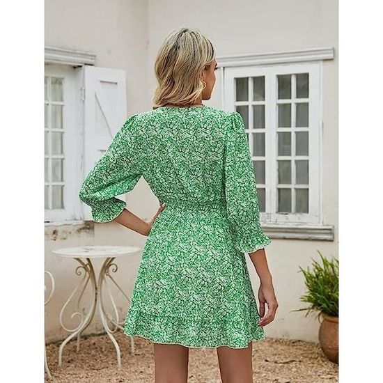 Robe D'été Femme Imprimé Plumes - Col En V, Manches Courtes - Légère Et Fluide - Parfaite Pour La Plage, Les Vacances Ou Le Quotidien