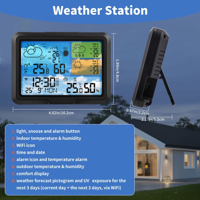 Station Météo Intérieur/extérieur Sans Fil - Écran Couleur, Wi-Fi, Alertes, Prévisions 3 Jours - Avec Capteur