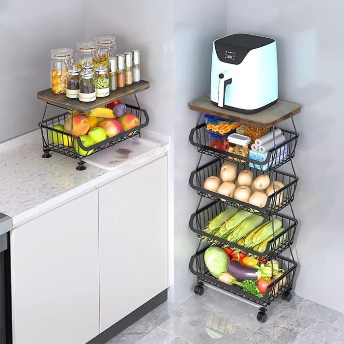 GoodFreshDecor Étagère À Fruits Et Légumes Rangement De Cuisine À Roulettes 3 Étages 37 x 30 x 73 cm En Bois Naturel