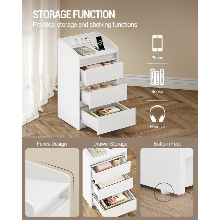 Table de chevet étroite à 3 tiroirs en similicuir avec station de recharge intégrée | Éclairage réglable | Plateau en pierre ittée|Homary Table de chevet étroite à 3 tiroirs en similicuir avec station de recharge intégrée | Éclairage réglable | Plateau en pierre ittée|Homary