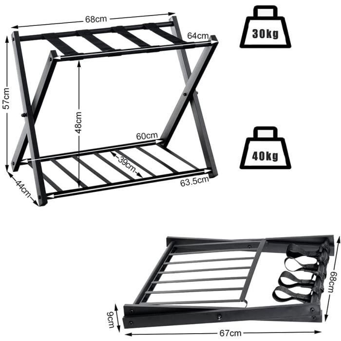 Porte-Valises Pliant Méltrck - Avec étagère - Support 55 Kg - Noir - Pour Chambre Ou Hôtel