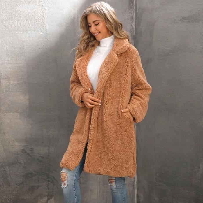Manteau d hiver en fausse peau de mouton a manches longues et revers pour femmes Kaki Kaki Cdiscount Pret a Porter