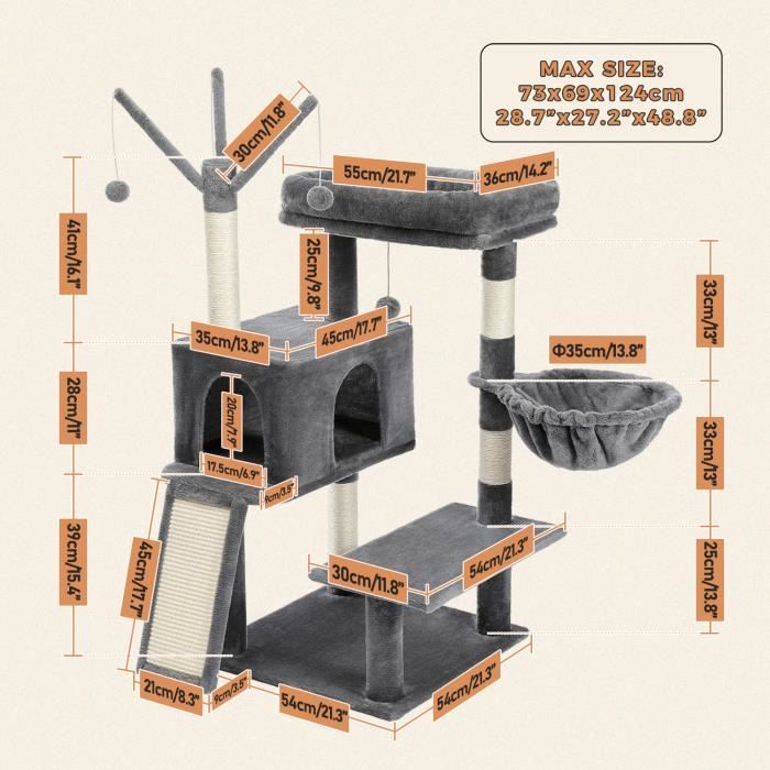 Arbre à Chat XXL 189 Cm Pour Gros Chats - 2 Niches 45x40x35cm, 3 Plateformes, 2 Paniers, Stable, Gris Foncé