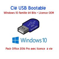 Clé USB Bootable 8Go Windows 10 Famille  64 Bits + Pack Office 2016 Pro avec leurs Licences OEM à vie