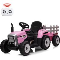 Voiture Électrique Rose Tracteur avec Remorque pour Enfants 3-8 ans, 12 V Moteur 3 Vitesse avec Télécommande, LED, Klaxon, Musique
