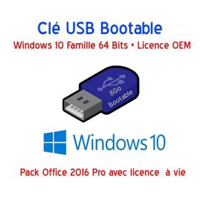 CLÉ USB Clé USB Bootable 8Go Windows 10 Famille  64 Bits +
