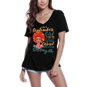 T-SHIRT Femme Tee-Shirt Col V Fille De Septembre - Religieuse D'Anniversaire – September Girl - Birthday Religious – T-Shirt Vintage Noir