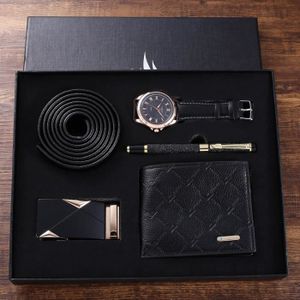 MONTRE Coffret montre homme + ceinture + stylo + portefeuille – quartz bracelet en cuir mode cadeau