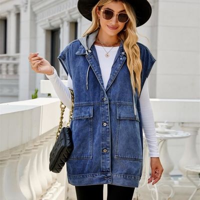 Gilet en Jean pour Femme - Noir - Rivets Punk - Grandes Tailles - Sans Manches - Veste d'Été Légère - Élégant - Stretch - Bleu Clair