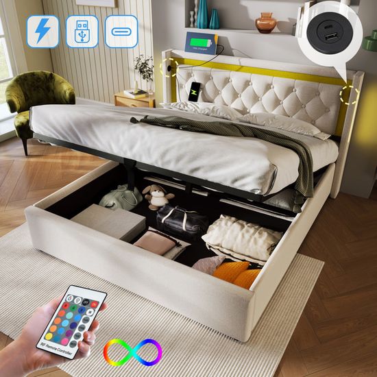 Canapé-lit Rembourré Avec LED Et USB – Forme En L, Tête De Lit Intégrée, Rangements – Dimensions 140x200 Cm – Velours Beige – Design Moderne