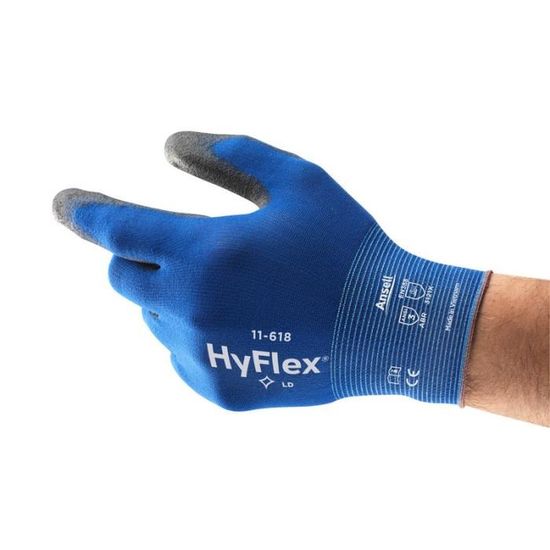 Ansell HyFlex 11-618 Light Duty Gloves - Pack Of 12 Pairs, Size 10, Blue Knitwrist