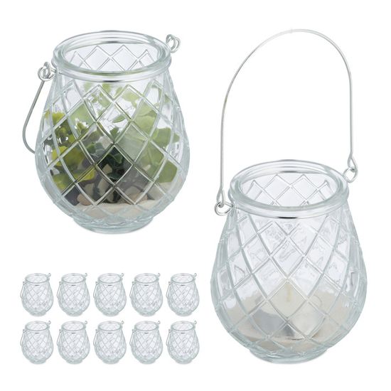 Relaxdays Lot de 12 photophores en verre avec anse - 7,5 x 8 cm - Verre rond - Transparent