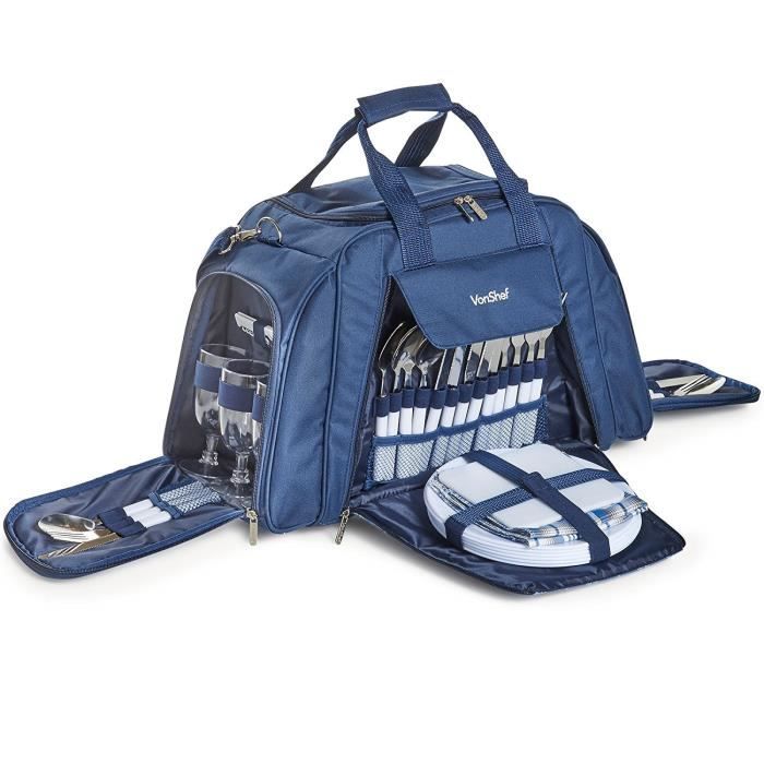 VonShef Grand Sac de Pique-Nique 6 Personnes - Compartiment Isotherme, Vaisselle et Accessoires de Picnic Inclus - Bleu Marine