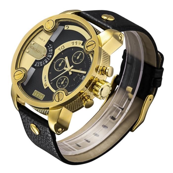 (#140) Large Dial Dual Clock Quartz Movement Sport Wrist Watch with Leather Band for Men(Black Band Gold Case)