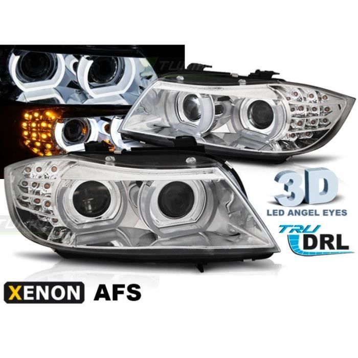 Paire feux phares BMW E90-E91 09-11 Xenon Angel Eyes Led DRL Chrome-33681300
