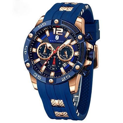 Montre Homme SAPPHERO Montres Chronographe Multifonction Bande de Silicone 3ATM étanche Mouvement Analogique du Quartz Mode Business