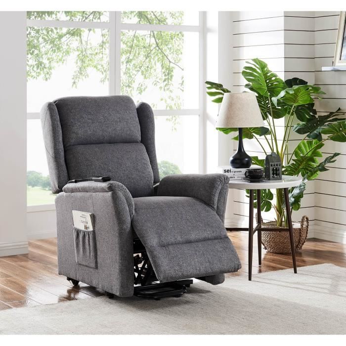 Fauteuil releveur relax à commande électrique en tissu gris ALINO