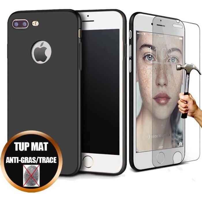 Coque iPhone 8 Plus (5,5') Silicone + Verre Trempé Anti-choc Gel Ultra Slim -Mat Noir