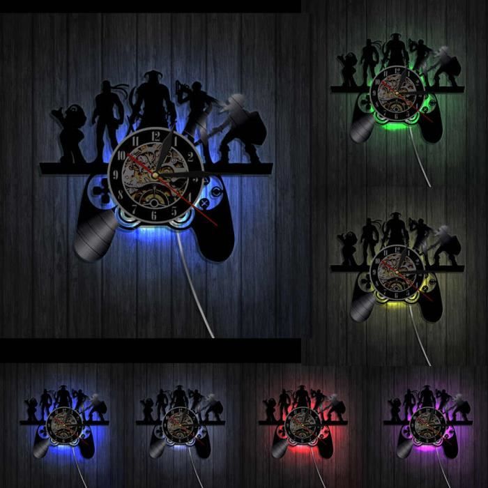 Contrôleur de jeu Design artiste éléments noir horloge murale suspendue lumière magique Geek Gamer jeu contrôleur d-With Led