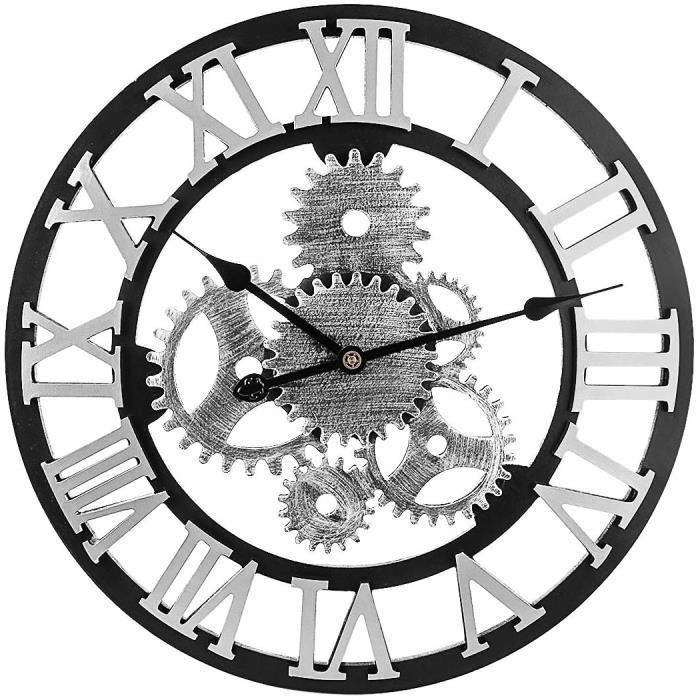 Rond Style loft Industriel Horloges Bois Silencieuse Ponctuel R/étro D/écoration pour Bar Restaurant Cafe-E d:39cm UNILIFE American Vintage Grande Pendules murales